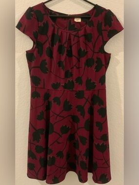 LOFT Burgundy Dress with Black Floral Accents